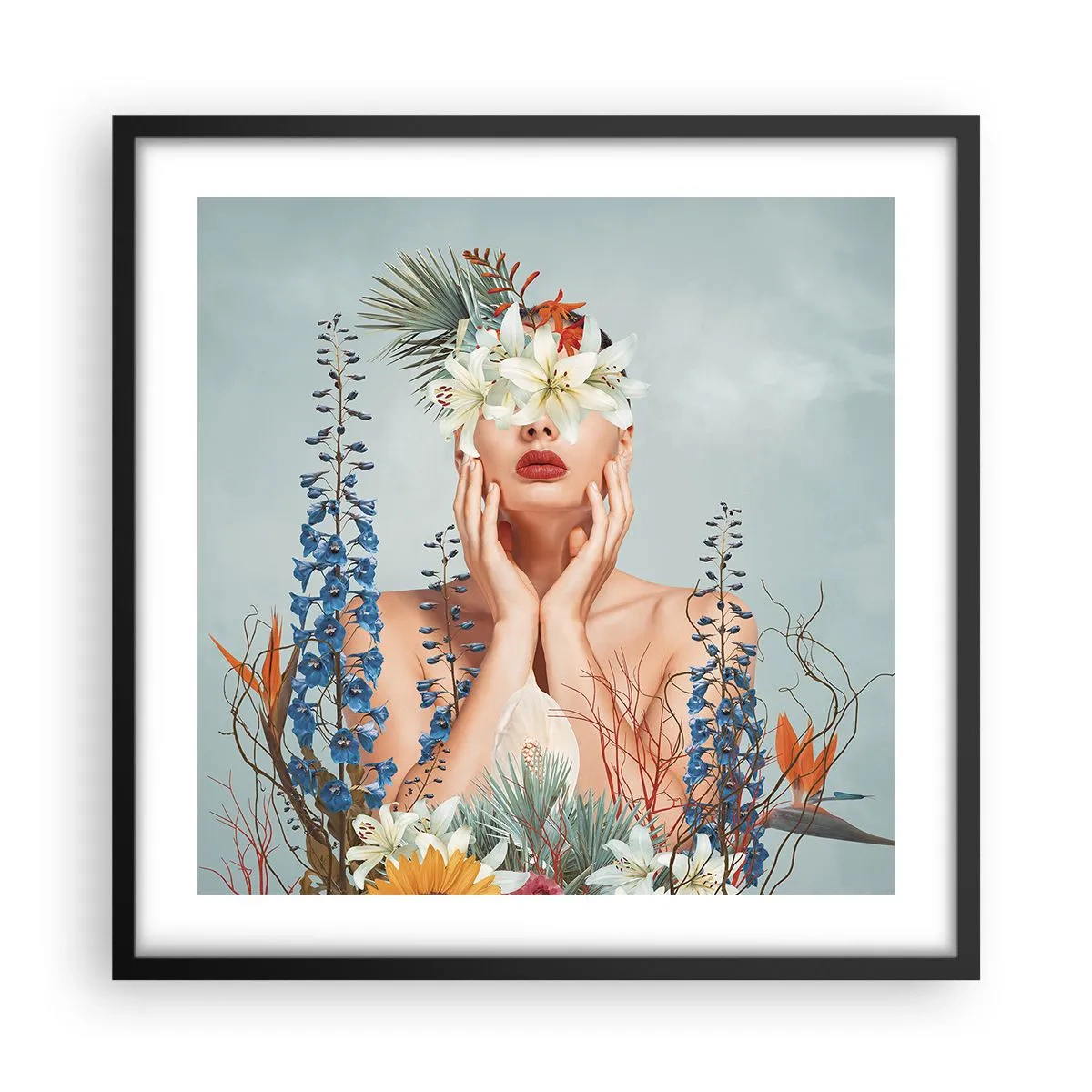 Plakat w czarnej ramie - Kobieta – kwiat - 50x50 cm