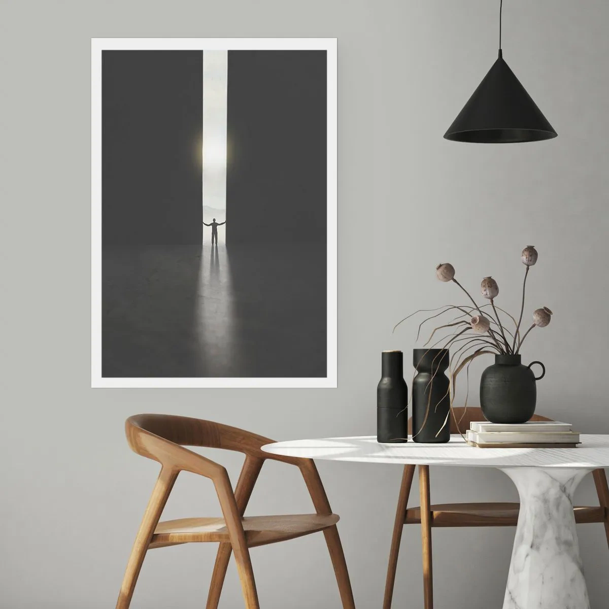 Plakat - Człowiek stojący w świetle szczeliny w ciemnym otoczeniu - 50x70cm - Krok do jasnej przyszłości - Nowoczesna dekoracja ścienna do salonu, kuchni i sypialni ARTTOR
