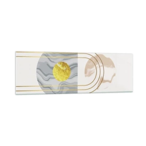 Obraz na szkle - Abstrakcyjna kompozycja z okręgami i złotymi liniami na jasnym tle - 160x50cm - Jasność i blask - Nowoczesna dekoracja ścienna do salonu i sypialni ARTTOR