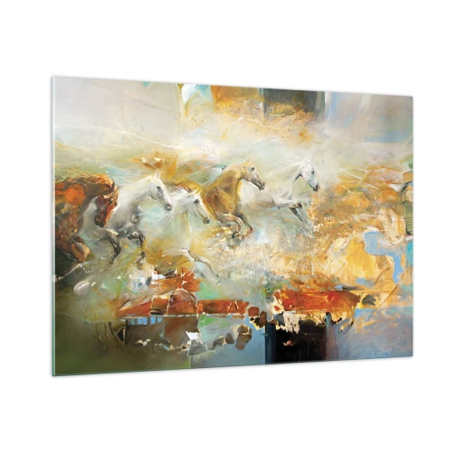 Obraz na szkle - Abstrakcyjne konie w dynamicznym ruchu - 100x70cm - Galopem przez światło - Nowoczesna dekoracja ścienna do salonu, kuchni i sypialni ARTTOR