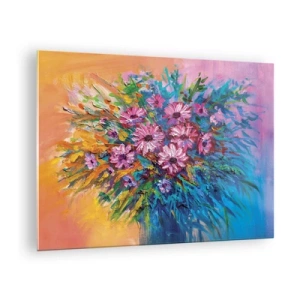 Obraz na szkle - Bukiet różowych kwiatów w artystycznej, kolorowej kompozycji - 70x50cm - Energia życia - Nowoczesna dekoracja ścienna do salonu i sypialni ARTTOR