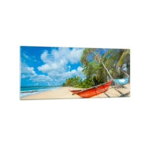 Obraz na szkle - Tropikalna plaża z palmami i kolorowymi łodziami - 120x50cm - Urok tropików - Nowoczesna dekoracja ścienna do salonu i sypialni ARTTOR