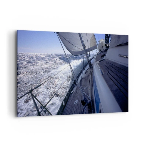 Obraz na płótnie - Żaglówka na wzburzonym morzu z białymi żaglami i drewnianym pokładem. - 120x80cm - Wiem, co to być ptakiem - Nowoczesna dekoracja ścienna do salonu, kuchni i sypialni ARTTOR