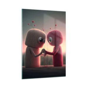 Obraz na szkle - Dwie postacie z włóczki trzymające się za ręce z serduszkami - 50x70cm - Każdemu wolno kochać - Nowoczesna dekoracja ścienna do salonu, kuchni i sypialni ARTTOR