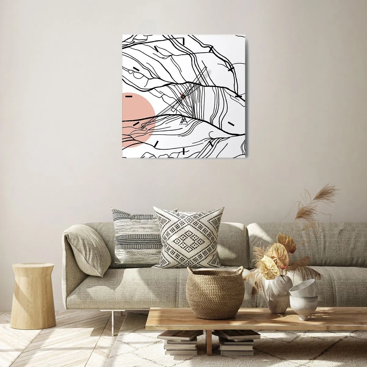 Zegar ścienny - Minimalistyczne linie z geometrycznym akcentem - 30x30cm - W sieci gałązek - Nowoczesna dekoracja ścienna do salonu i sypialni ARTTOR