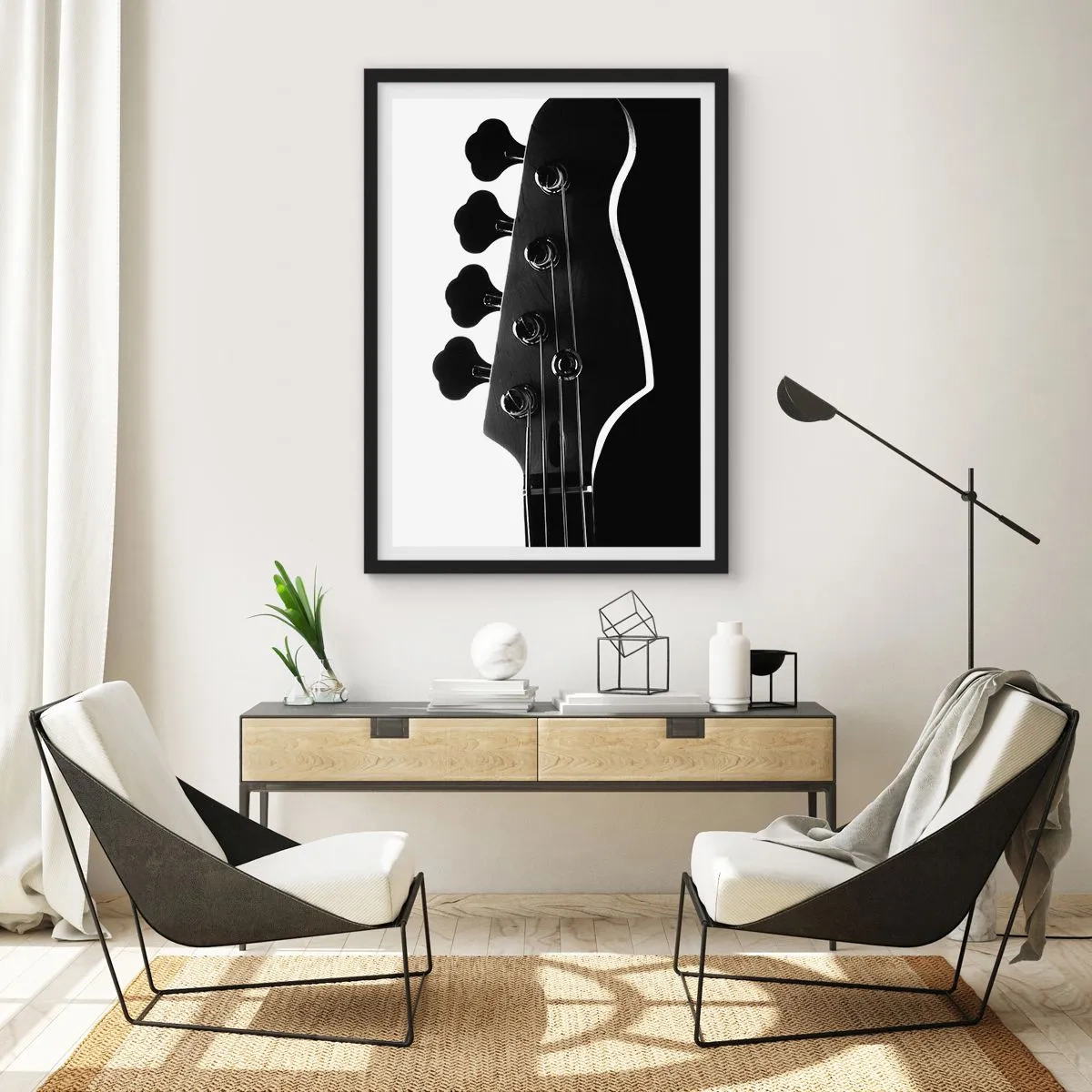 Plakat w czarnej ramie - Minimalistyczny, czarno-biały motyw muzyczny z gitarą elektryczną - 50x70cm - Rockowa cisza - Nowoczesna dekoracja ścienna do salonu i sypialni ARTTOR