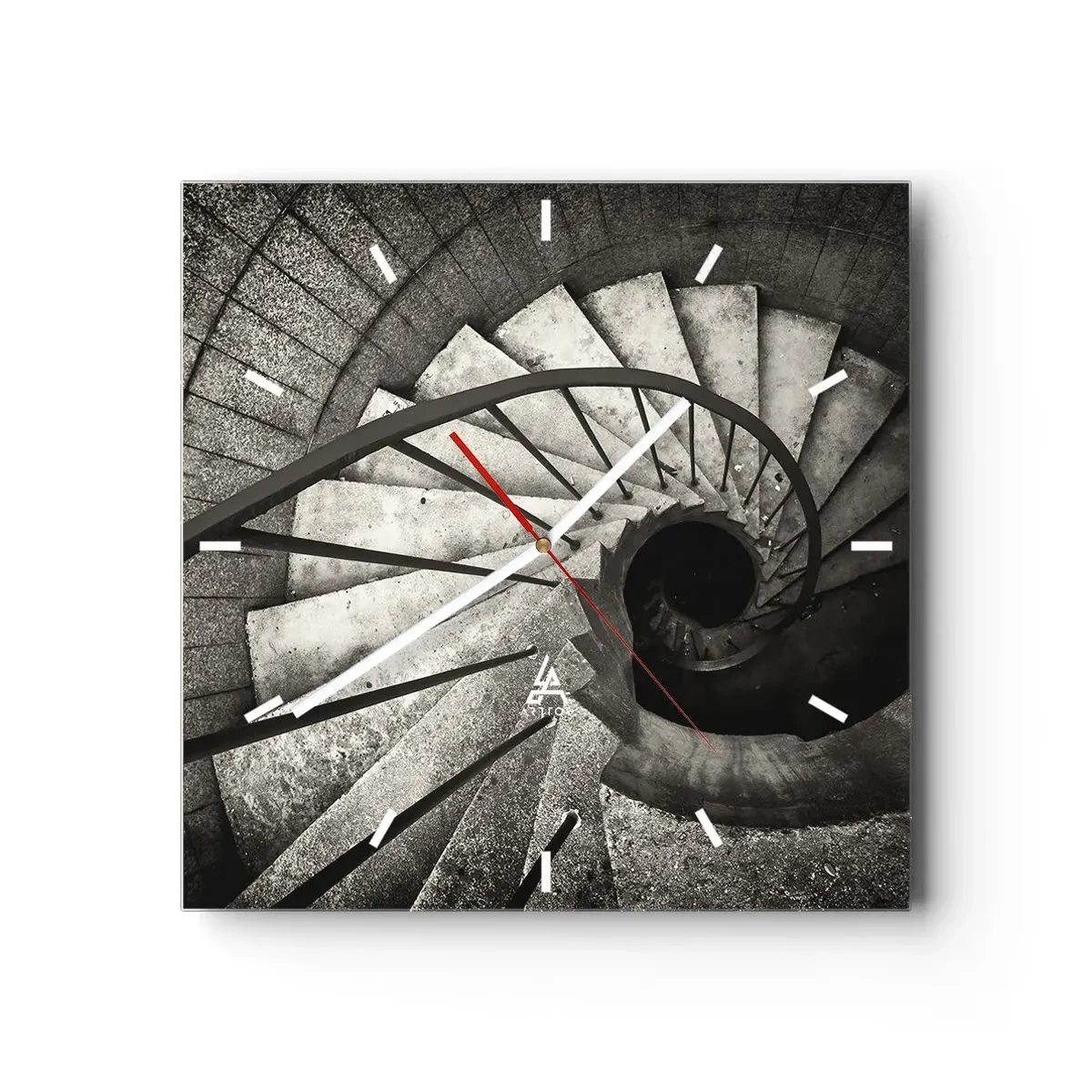 Zegar ścienny - Czarno-białe spiralne schody w nowoczesnym stylu - 30x30cm - Schodami w górę, schodami w dół - Nowoczesna dekoracja ścienna do salonu i sypialni ARTTOR