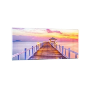 Obraz na szkle - Pomost nad wodą o zachodzie słońca w pastelowych barwach - 120x50cm - Liliowo-złota cisza wieczoru - Nowoczesna dekoracja ścienna do salonu i sypialni ARTTOR