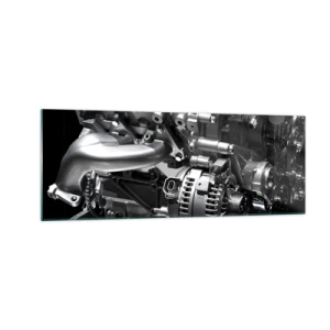 Obraz na szkle - Metalowe części silnika w zbliżeniu na czarnym tle - 140x50cm - Stalowy, piękny, silny - Nowoczesna dekoracja ścienna do salonu i sypialni ARTTOR