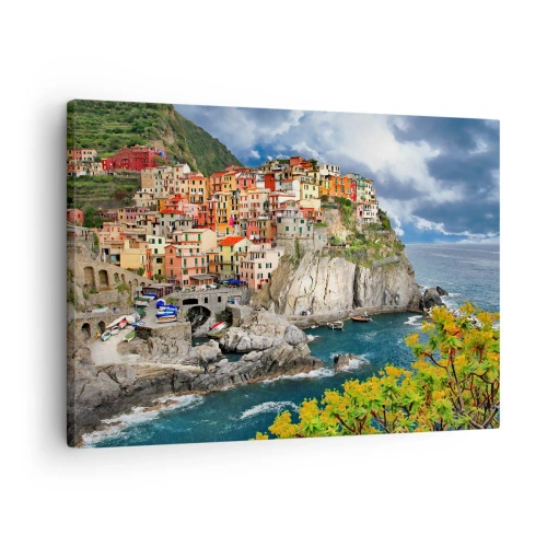 Obraz na płótnie - Kolorowe domy na klifie nad brzegiem morza w Cinque Terre - 70x50cm - Gromadka przytulona do skał - Nowoczesna dekoracja ścienna do salonu i sypialni ARTTOR