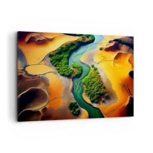 Obraz na płótnie - Zielona rzeka w otoczeniu złotych piasków i roślinności - 120x80cm - Życiodajna rzeka - Nowoczesna dekoracja ścienna do salonu, kuchni i sypialni ARTTOR