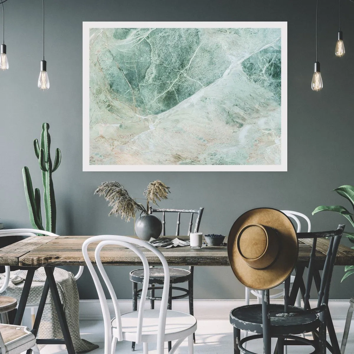 Plakat - Zielony marmur z delikatnymi białymi żyłkami - 100x70cm - Szlachetny chłód kamienia - Nowoczesna dekoracja ścienna do salonu i sypialni ARTTOR