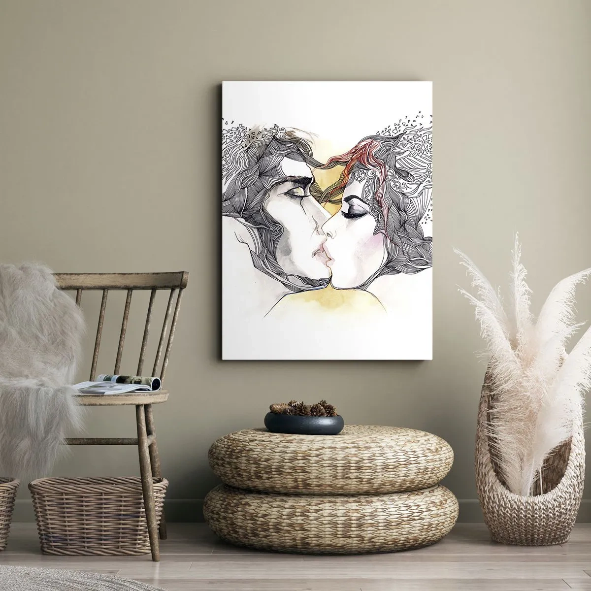 Obraz na płótnie - Zakochana para z artystycznym tłem, wyraziste kontury - 50x70cm - Świat nie istnieje - Nowoczesna dekoracja ścienna do salonu, kuchni i sypialni ARTTOR