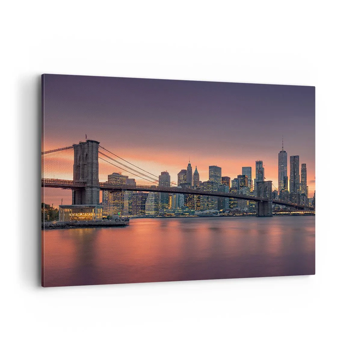 Obraz na płótnie - Nocna panorama miasta z mostem i podświetlonym niebem - 100x70cm - Zatopione w liliowej ciszy - Nowoczesna dekoracja ścienna do salonu, kuchni i sypialni ARTTOR
