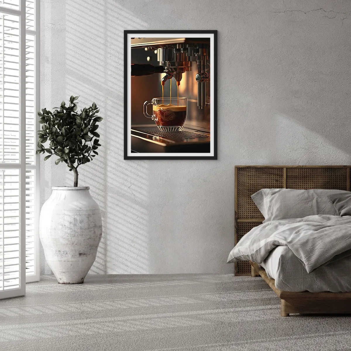 Plakat w czarnej ramie - Ekspres do kawy nalewający espresso do filiżanki - 50x70cm - Zmysłowa mikstura - Nowoczesna dekoracja ścienna do salonu i sypialni ARTTOR