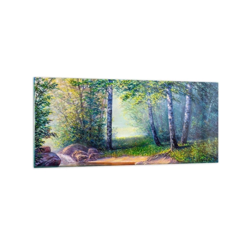 Obraz na szkle - Leśny strumyk otoczony brzozami i słońcem - 120x50cm - Sielankowa sceneria - Nowoczesna dekoracja ścienna do salonu i sypialni ARTTOR