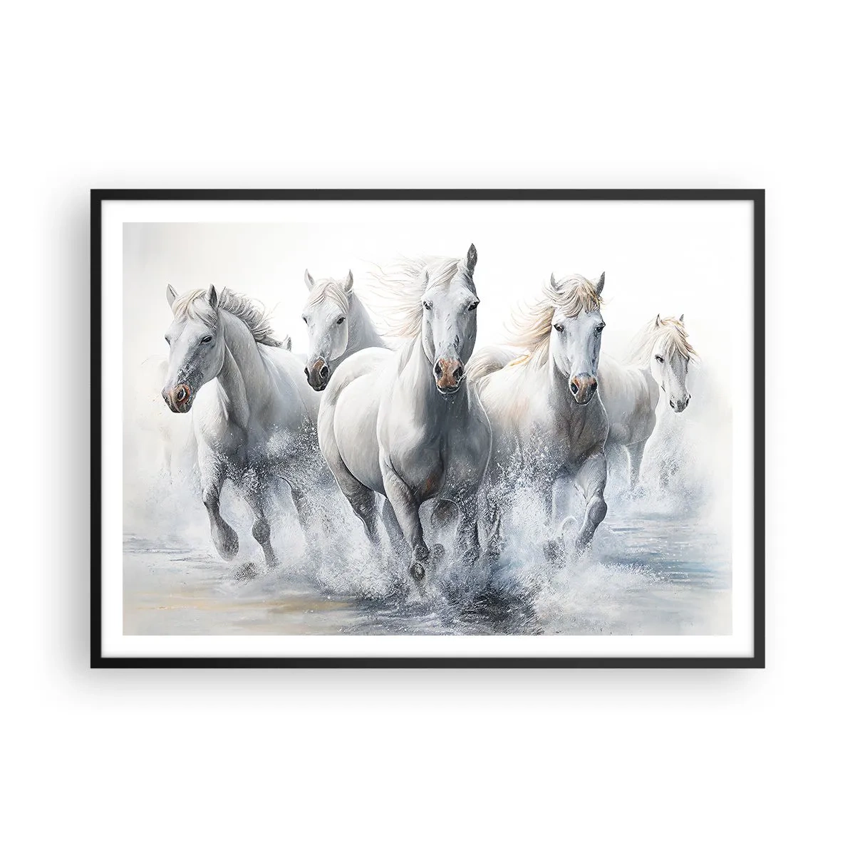 Plakat w czarnej ramie - Białe konie galopujące przez wodę - 100x70cm - Biała magia - Nowoczesna dekoracja ścienna do salonu i sypialni ARTTOR