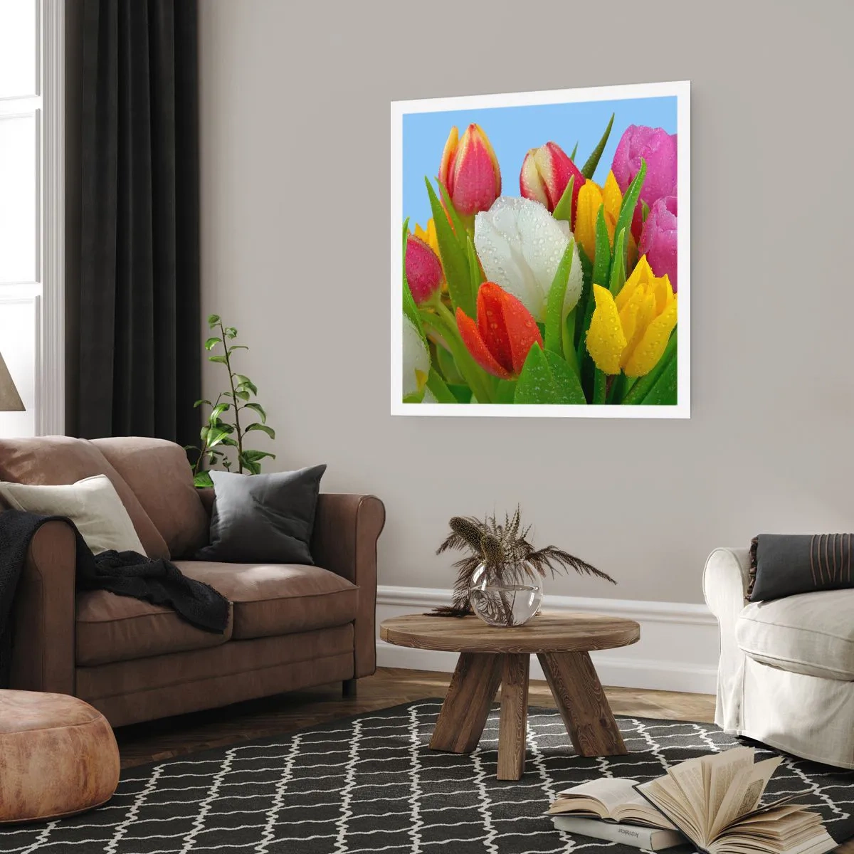 Plakat - Kwiatowa tęcza w kroplach rosy - 60x60 cm