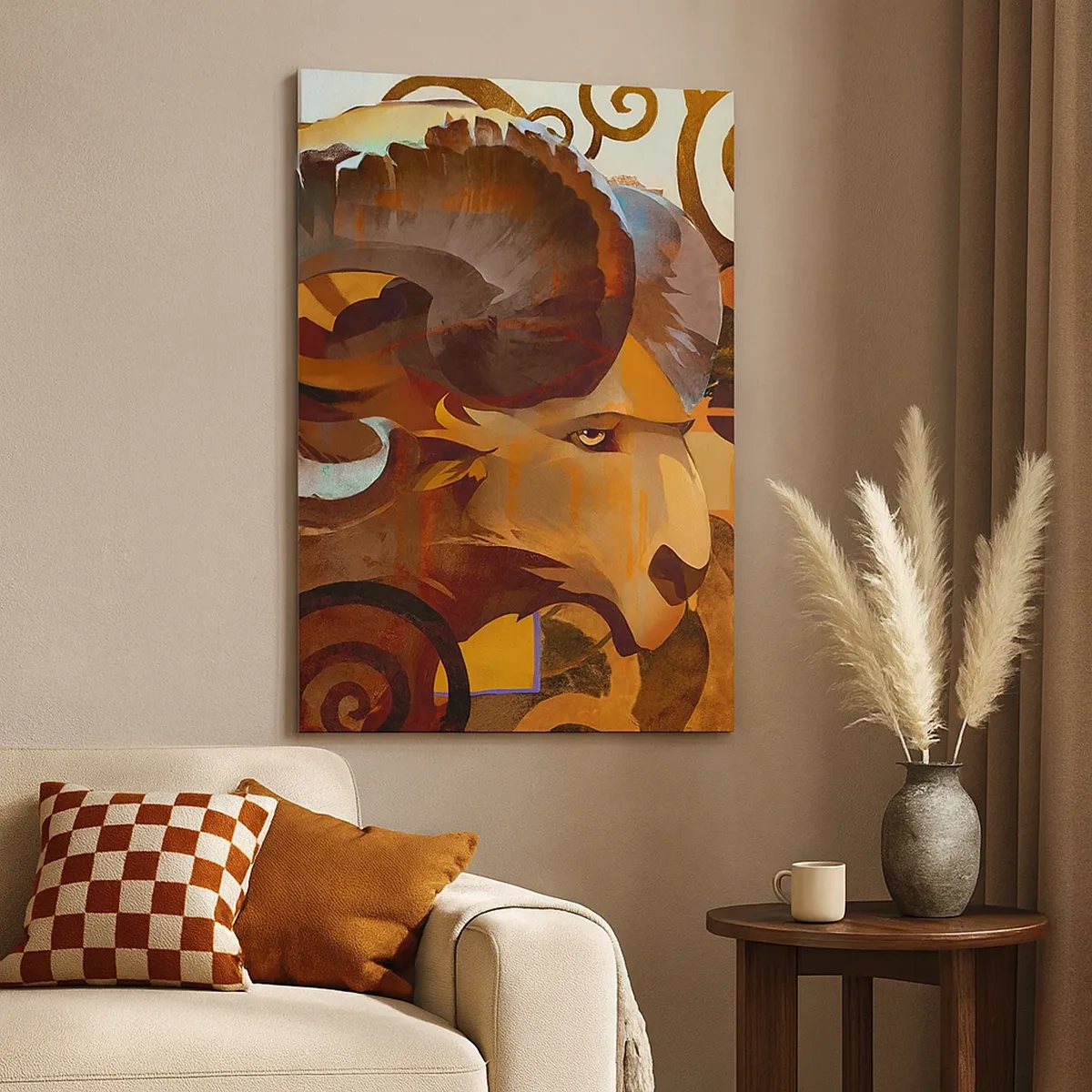 Obraz na płótnie - Abstrakcyjny portret barana w ciepłej, etnicznej kolorystyce - 50x70cm - Magie - religie - rytuały - Nowoczesna dekoracja ścienna do salonu, kuchni i sypialni ARTTOR