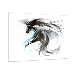 Obraz na szkle - Portret kobiety i konia w artystycznej, dynamicznej kompozycji - 100x70cm - Galop Czarnego Księcia - Nowoczesna dekoracja ścienna do salonu, kuchni i sypialni ARTTOR