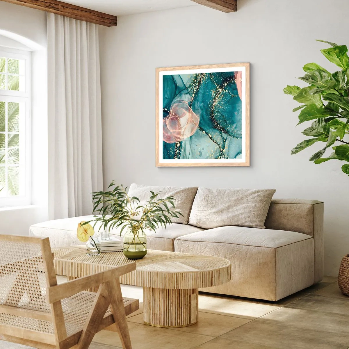 Plakat w ramie jasny dąb - Jedwabny błękit, tiulowy róż - 30x30 cm