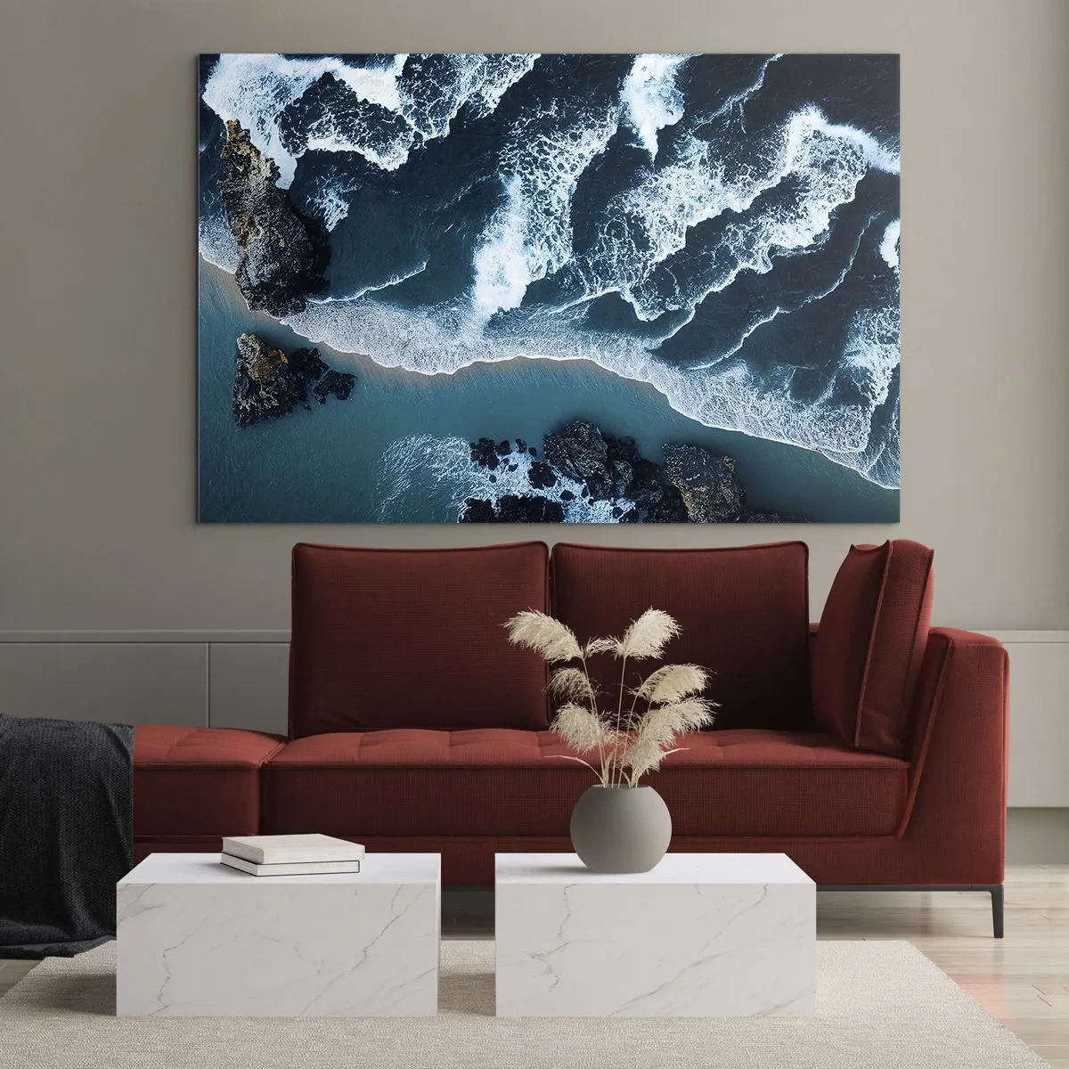 Obraz na szkle - Morskie fale rozbijające się o skaliste wybrzeże - 70x50cm - Otulone falami - Nowoczesna dekoracja ścienna do salonu i sypialni ARTTOR