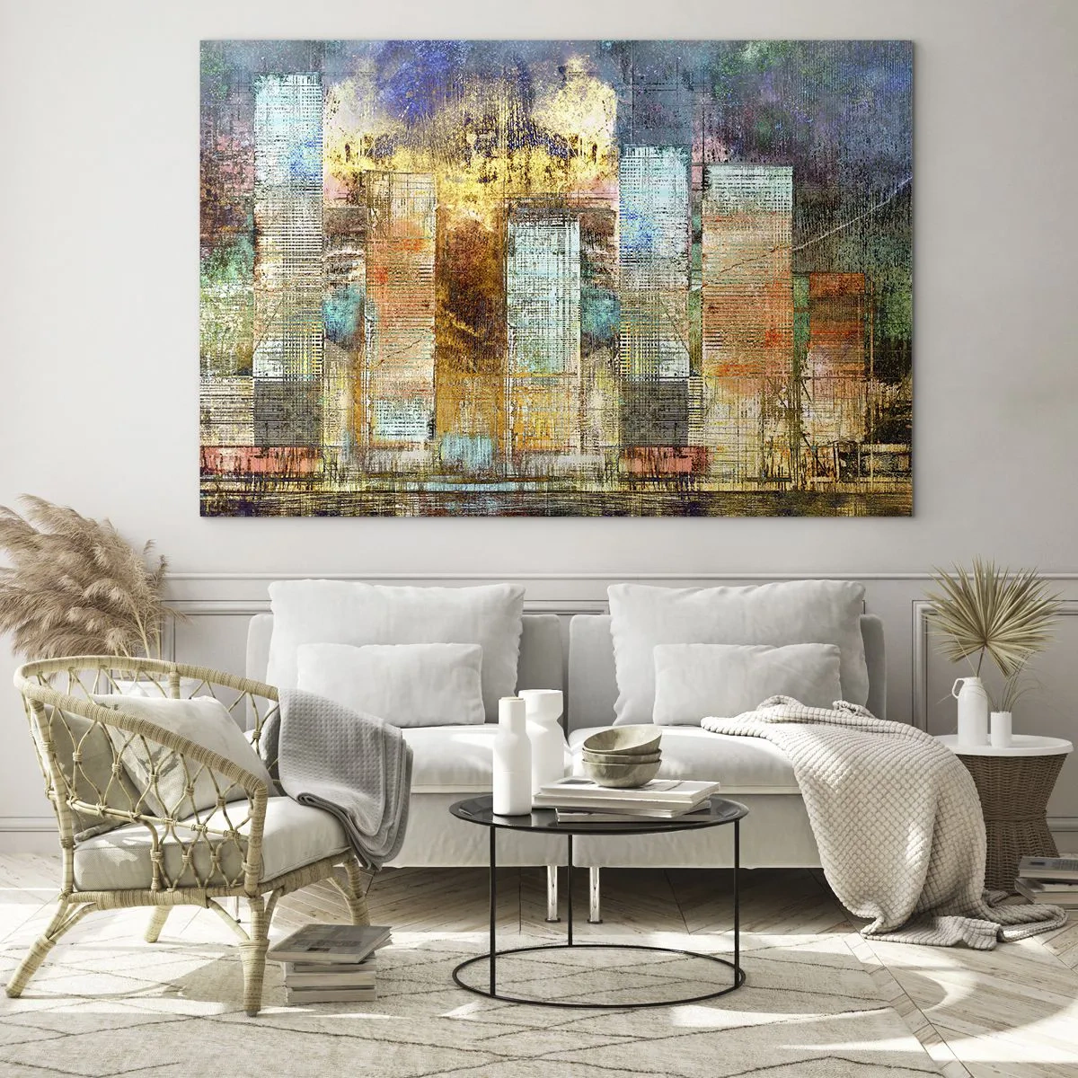 Obraz na szkle - Kolorowa abstrakcyjna panorama miejskich wieżowców w stylu artystycznym - 70x50cm - Słoneczna metropolia - Nowoczesna dekoracja ścienna do salonu i sypialni ARTTOR