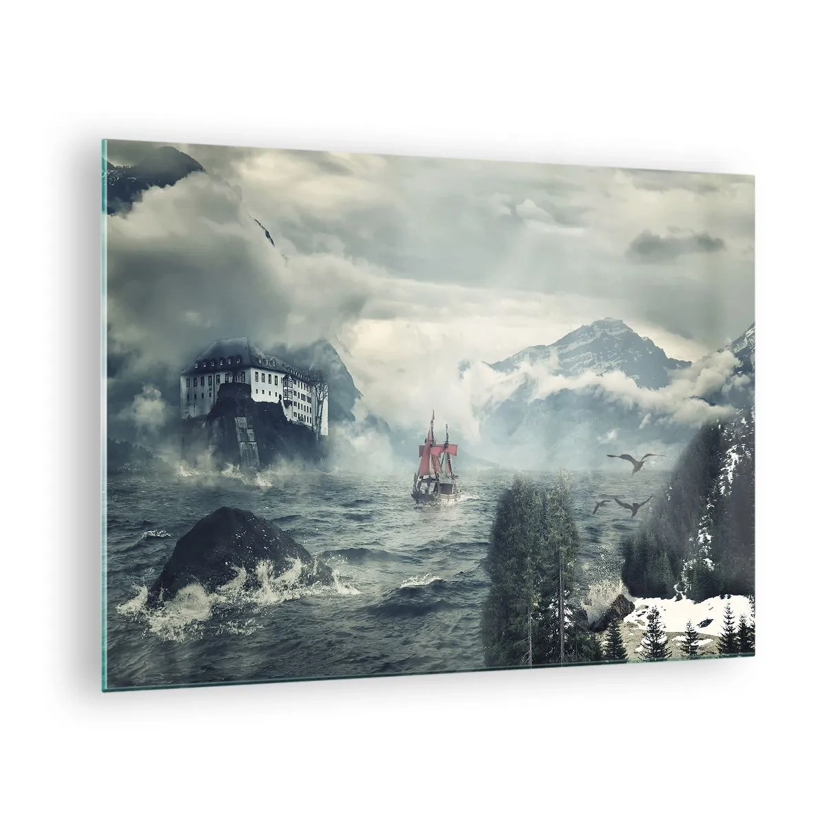 Obraz na szkle - Statek na wzburzonym morzu z zamkiem w tle - 70x50cm - Na magicznych wodach - Nowoczesna dekoracja ścienna do salonu i sypialni ARTTOR