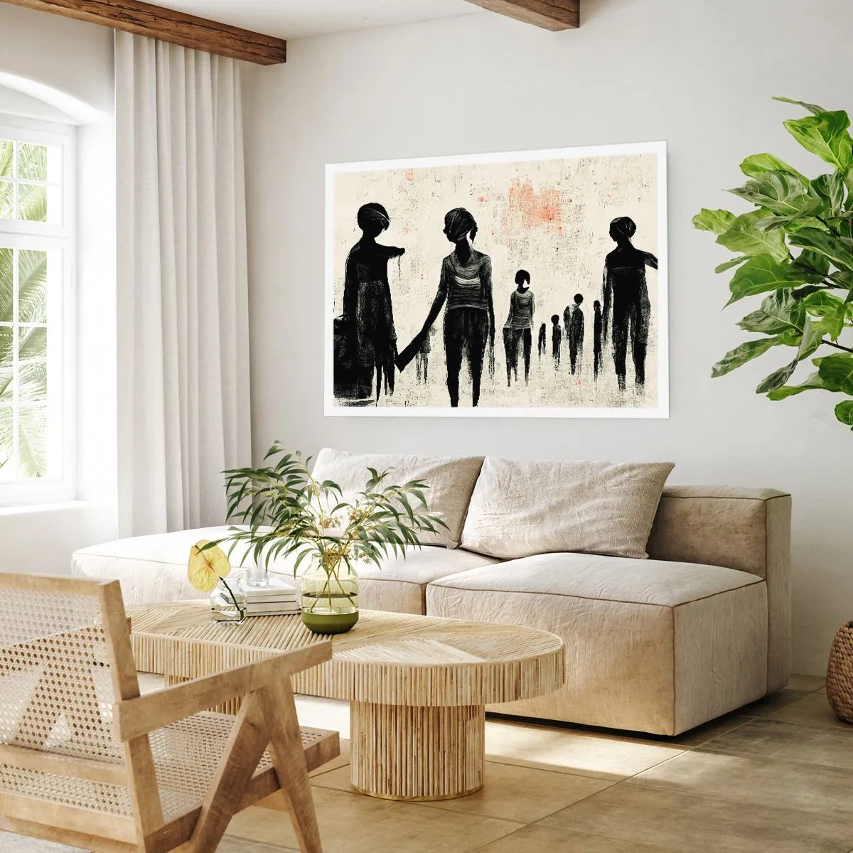 Plakat - Postacie w monochromatycznej kompozycji na jasnym tle - 100x70cm - Przeciw samotności - Nowoczesna dekoracja ścienna do salonu i sypialni ARTTOR