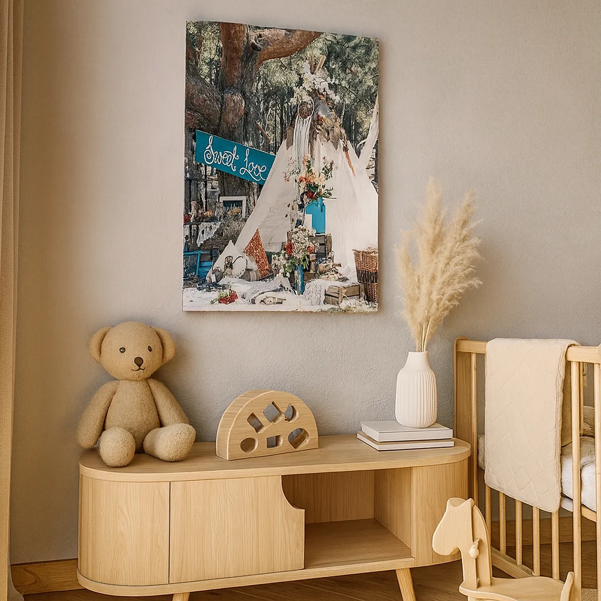 Obraz na płótnie - Romantyczna sceneria z namiotem w stylu boho ozdobionym kwiatami i dekoracjami - 50x70cm - Make love… - Nowoczesna dekoracja ścienna do salonu, kuchni i sypialni ARTTOR