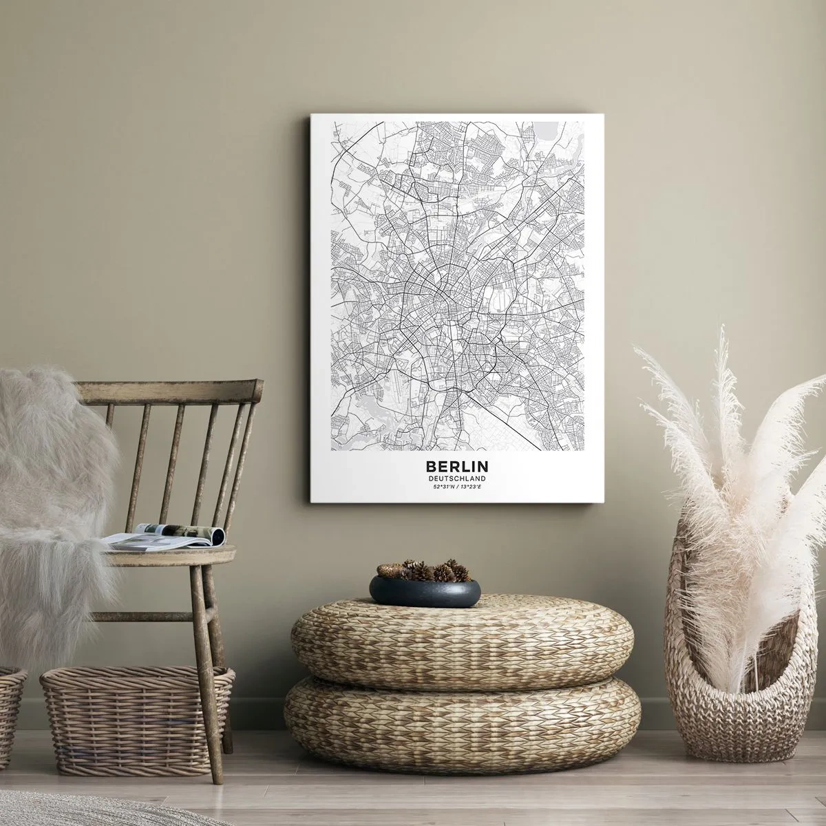 Obraz na płótnie - Czarno-biała mapa Berlina z precyzyjnie zaznaczonym układem ulic - 50x70cm - Kwiat Berlina - Nowoczesna dekoracja ścienna do salonu, kuchni i sypialni ARTTOR