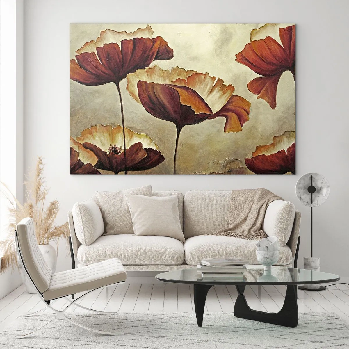 Obraz na szkle - Makowe kwiaty w odcieniach czerwieni i złota na jasnym tle - 70x50cm - Łąki łan - Nowoczesna dekoracja ścienna do salonu i sypialni ARTTOR