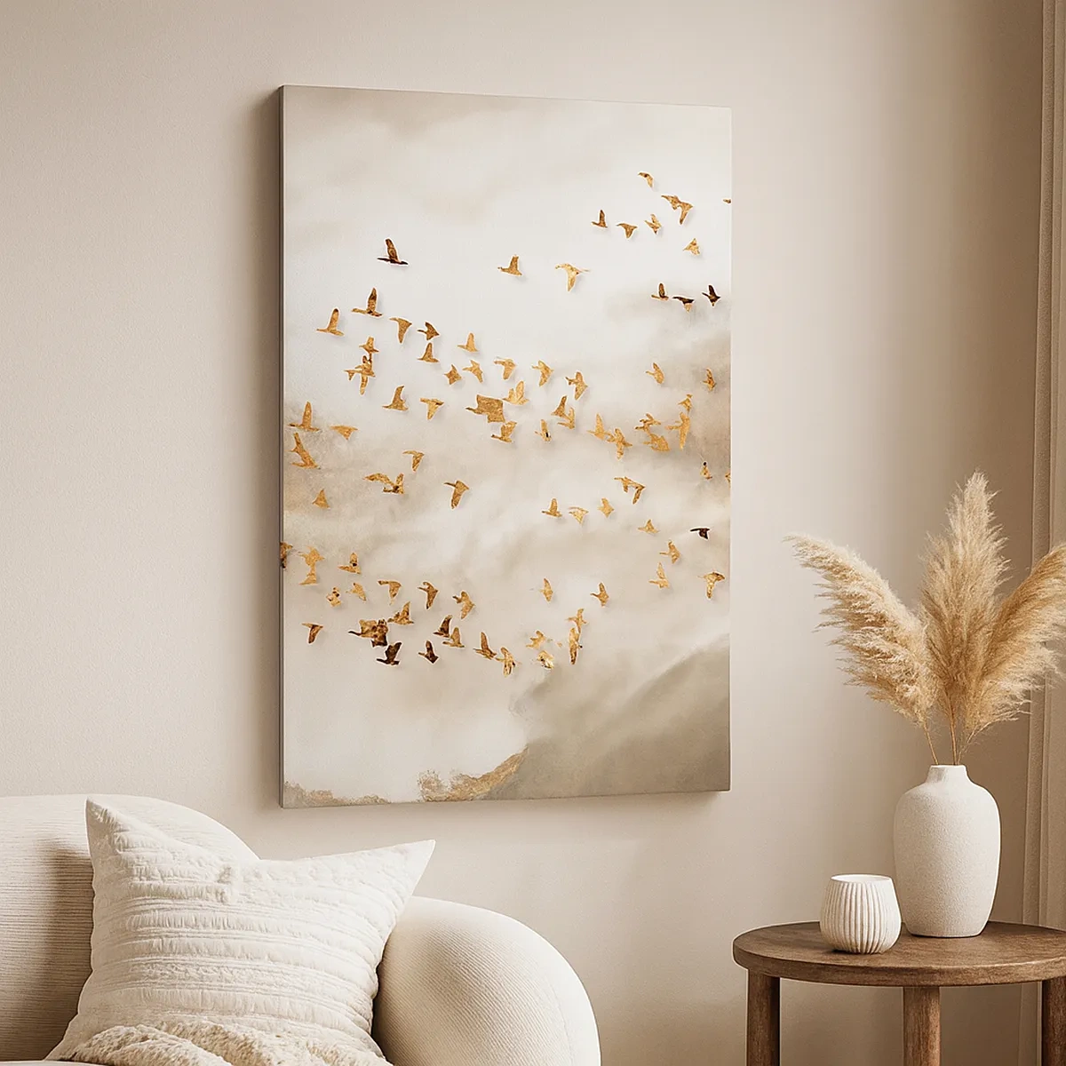 Obraz na płótnie - Złote sylwetki ptaków na tle jasnego, zamglonego nieba - 50x70cm - Już czas… - Nowoczesna dekoracja ścienna do salonu, kuchni i sypialni ARTTOR