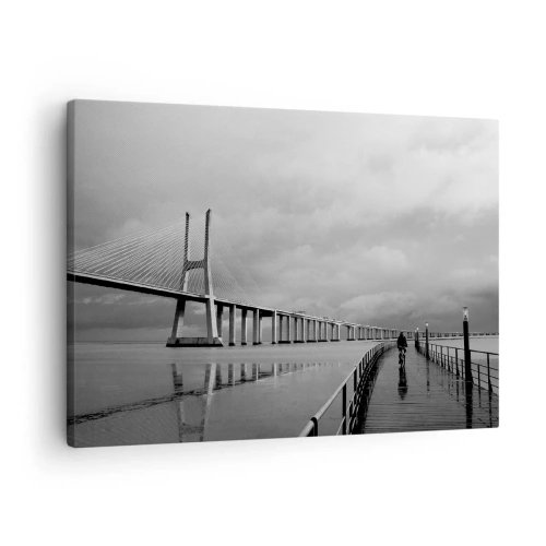 Obraz na płótnie - Most wiszący nad wodą w czarno-białej tonacji - 70x50cm - Każdemu co mu się należy - Nowoczesna dekoracja ścienna do salonu i sypialni ARTTOR