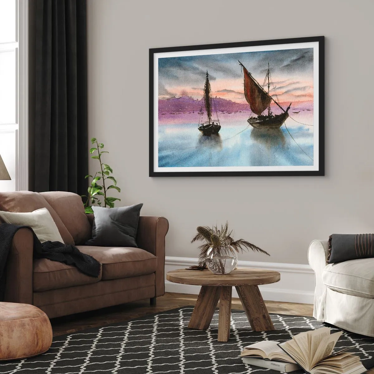 Plakat w czarnej ramie - Wieczór w porcie - 91x61 cm