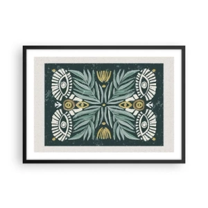Plakat w czarnej ramie - Symetryczny wzór roślinny na zielonym tle - 70x50cm - Jak ludowa wycinanka - Nowoczesna dekoracja ścienna do salonu i sypialni ARTTOR