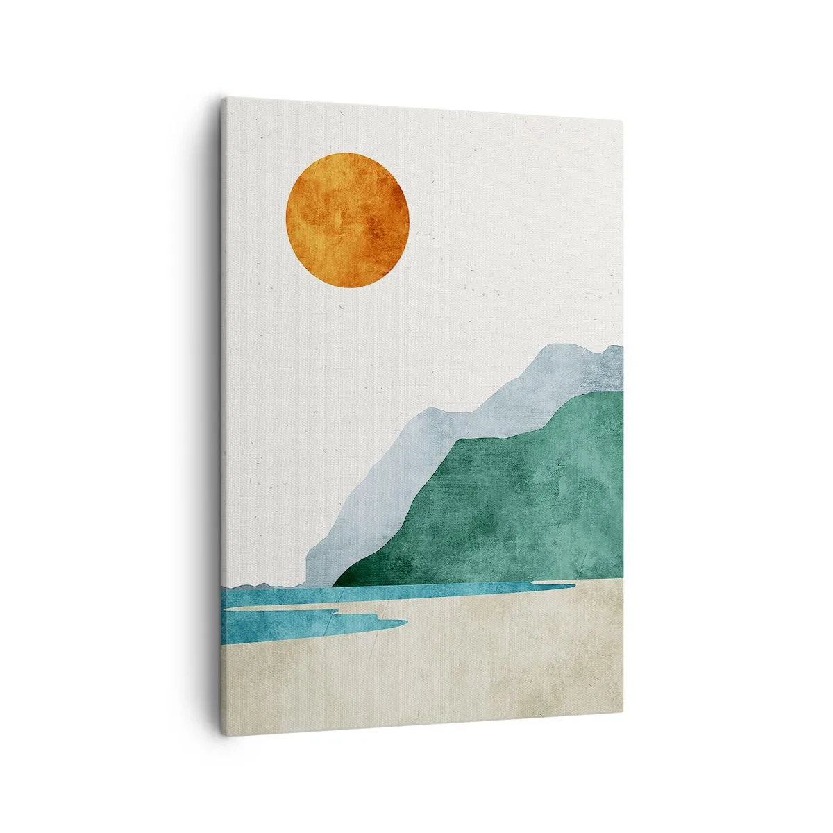 Obraz na płótnie - Minimalistyczny krajobraz górski z plażą i słońcem - 50x70cm - Pejzaż jak należy - Nowoczesna dekoracja ścienna do salonu, kuchni i sypialni ARTTOR
