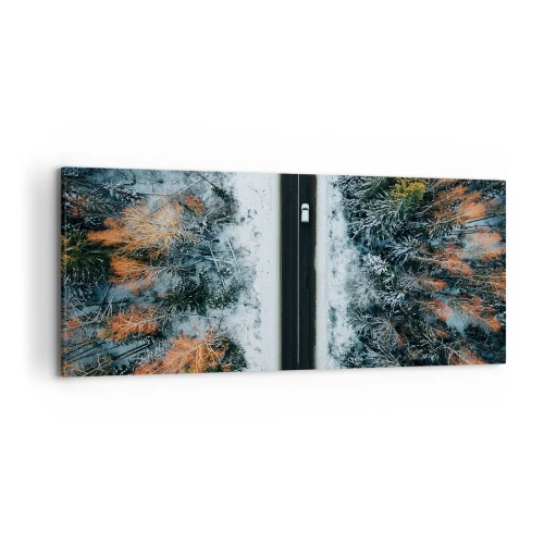 Obraz na płótnie - Droga przez zimowy las widziana z lotu ptaka - 120x50cm - Przeciąć zimowy las - Nowoczesna dekoracja ścienna do salonu i sypialni ARTTOR