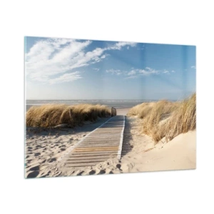 Obraz na szkle - Drewniana ścieżka przez wydmy prowadząca na plażę - 100x70cm - Za wydmą, w szumie traw - Nowoczesna dekoracja ścienna do salonu, kuchni i sypialni ARTTOR