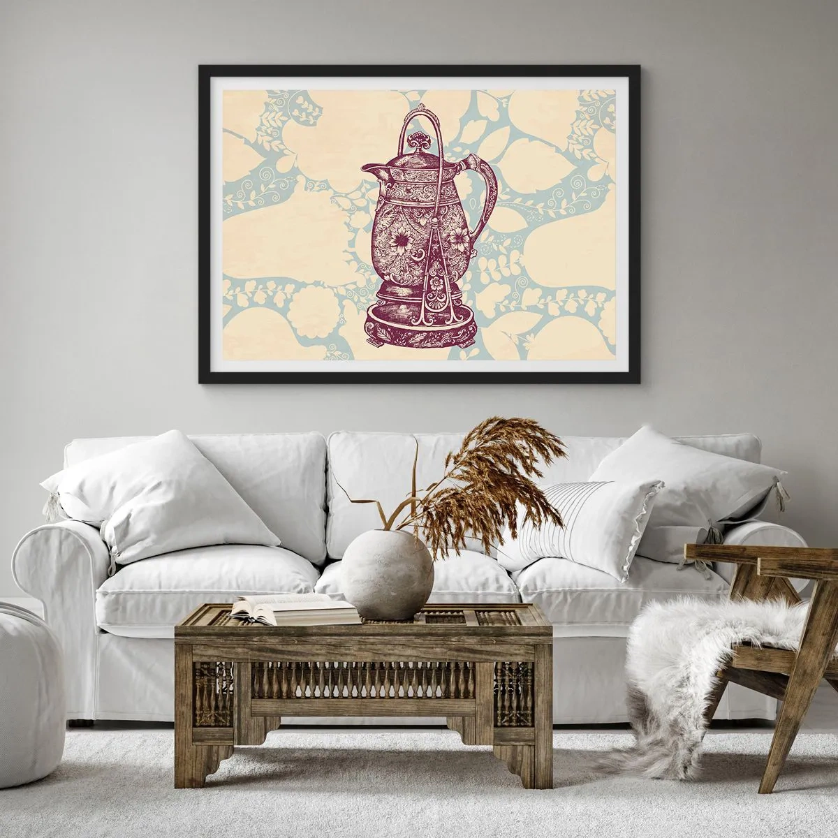 Plakat w czarnej ramie - Stylizowany dzbanek z ornamentami na tle kwiatowym - 100x70cm - Uroda codzienności - Nowoczesna dekoracja ścienna do salonu i sypialni ARTTOR