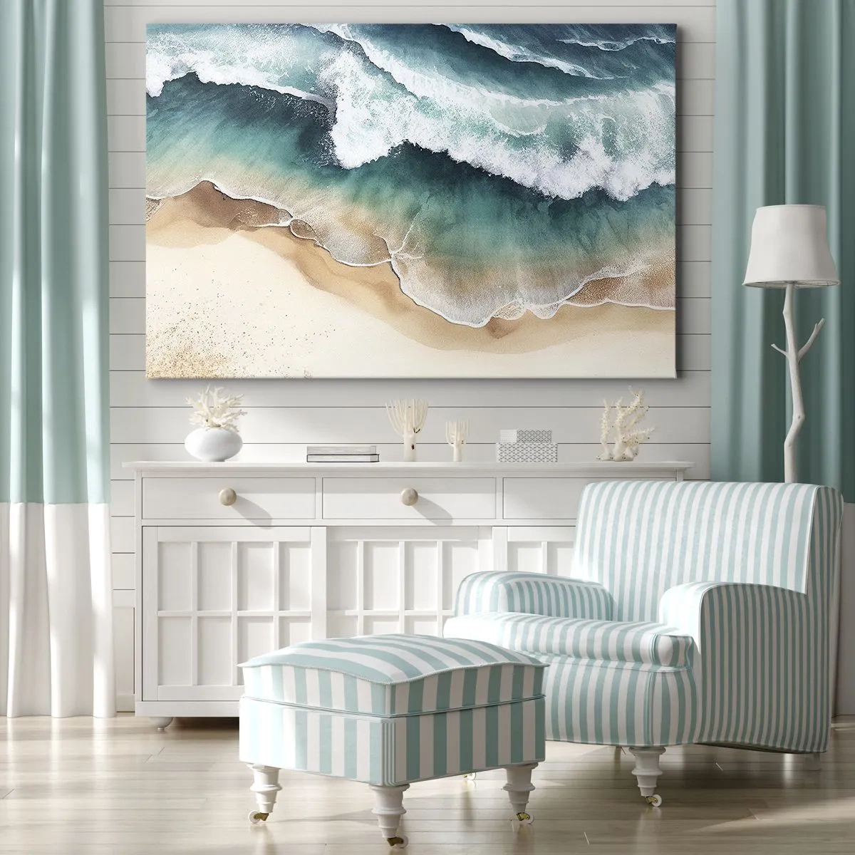 Obraz na płótnie - Widok na plażę i fale morskie w odcieniach turkusu - 70x50cm - Odwieczne spotkanie - Nowoczesna dekoracja ścienna do salonu i sypialni ARTTOR