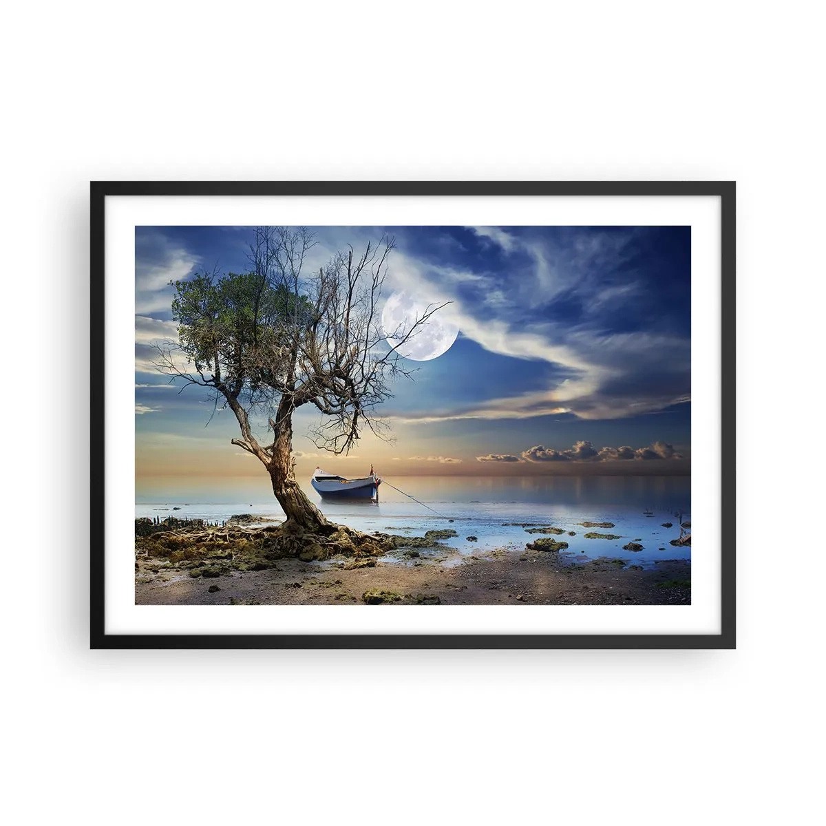 Plakat w czarnej ramie - Samotne drzewo i łódź na spokojnej wodzie pod pełnią księżyca - 70x50cm - To koniec czy początek? - Nowoczesna dekoracja ścienna do salonu i sypialni ARTTOR