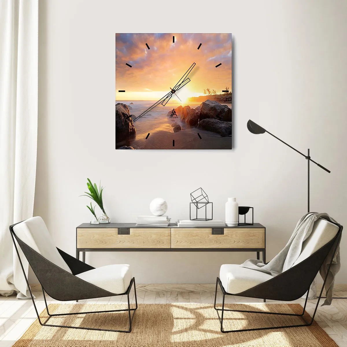 Zegar ścienny - Zachód słońca nad kamienistym wybrzeżem - 30x30cm - Świetlista bryza wieczoru - Nowoczesna dekoracja ścienna do salonu i sypialni ARTTOR