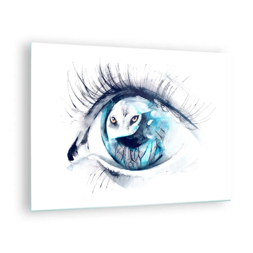 Obraz na szkle - Kobiece oko z motywem sowy w stylu akwareli - 70x50cm - Oko w oko z dzikością - Nowoczesna dekoracja ścienna do salonu i sypialni ARTTOR