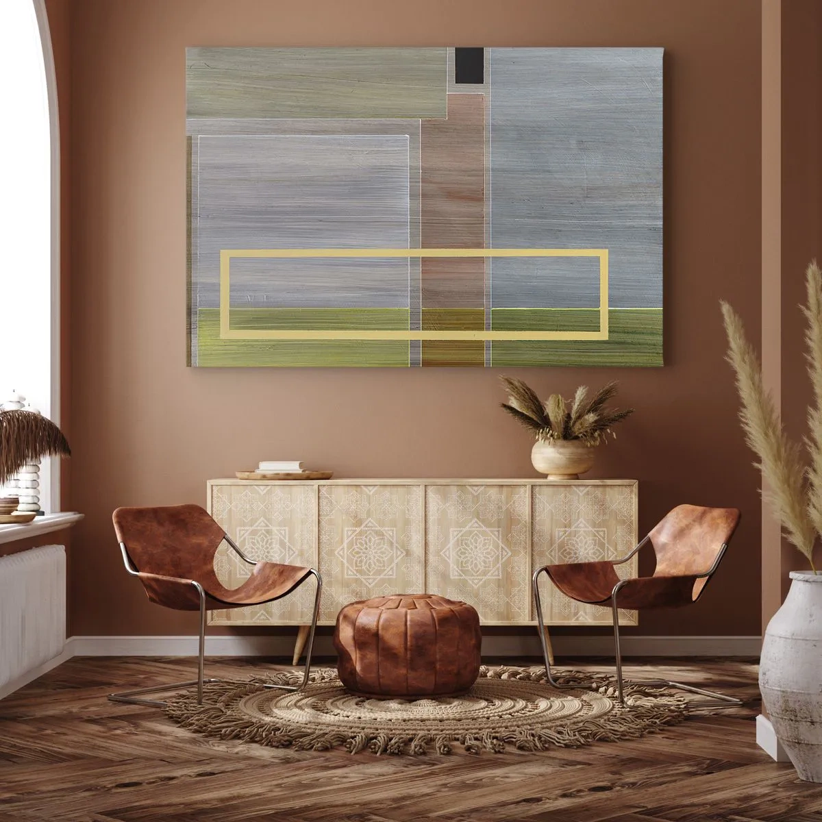 Obraz na płótnie - Geometryczna kompozycja w pastelowych barwach z prostokątami - 70x50cm - Prosto i spokojnie - Nowoczesna dekoracja ścienna do salonu i sypialni ARTTOR