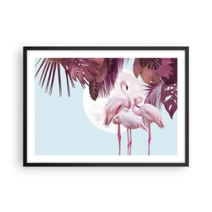 Plakat w czarnej ramie - Różowe flamingi na tle księżyca i tropikalnych liści - 70x50cm - Trzy ptasie gracje - Nowoczesna dekoracja ścienna do salonu i sypialni ARTTOR