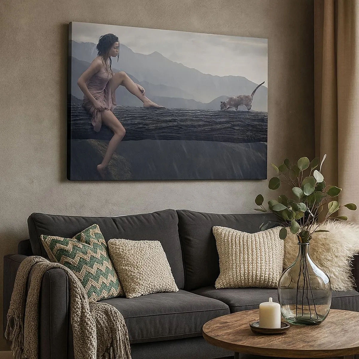 Obraz na płótnie - Kobieta i kot na pniu drzewa w deszczu z widokiem na góry - 70x50cm - Szczyty piękna - Nowoczesna dekoracja ścienna do salonu i sypialni ARTTOR