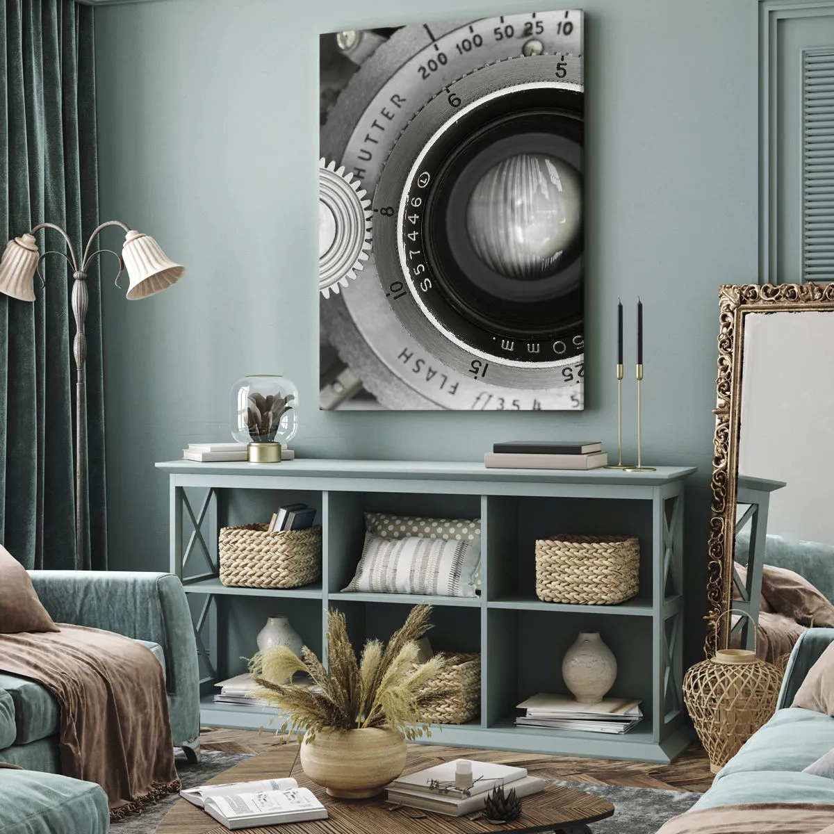 Obraz na płótnie - Zbliżenie obiektywu aparatu analogowego - 50x70cm - Opowieść o Hollywood - Nowoczesna dekoracja ścienna do salonu, kuchni i sypialni ARTTOR