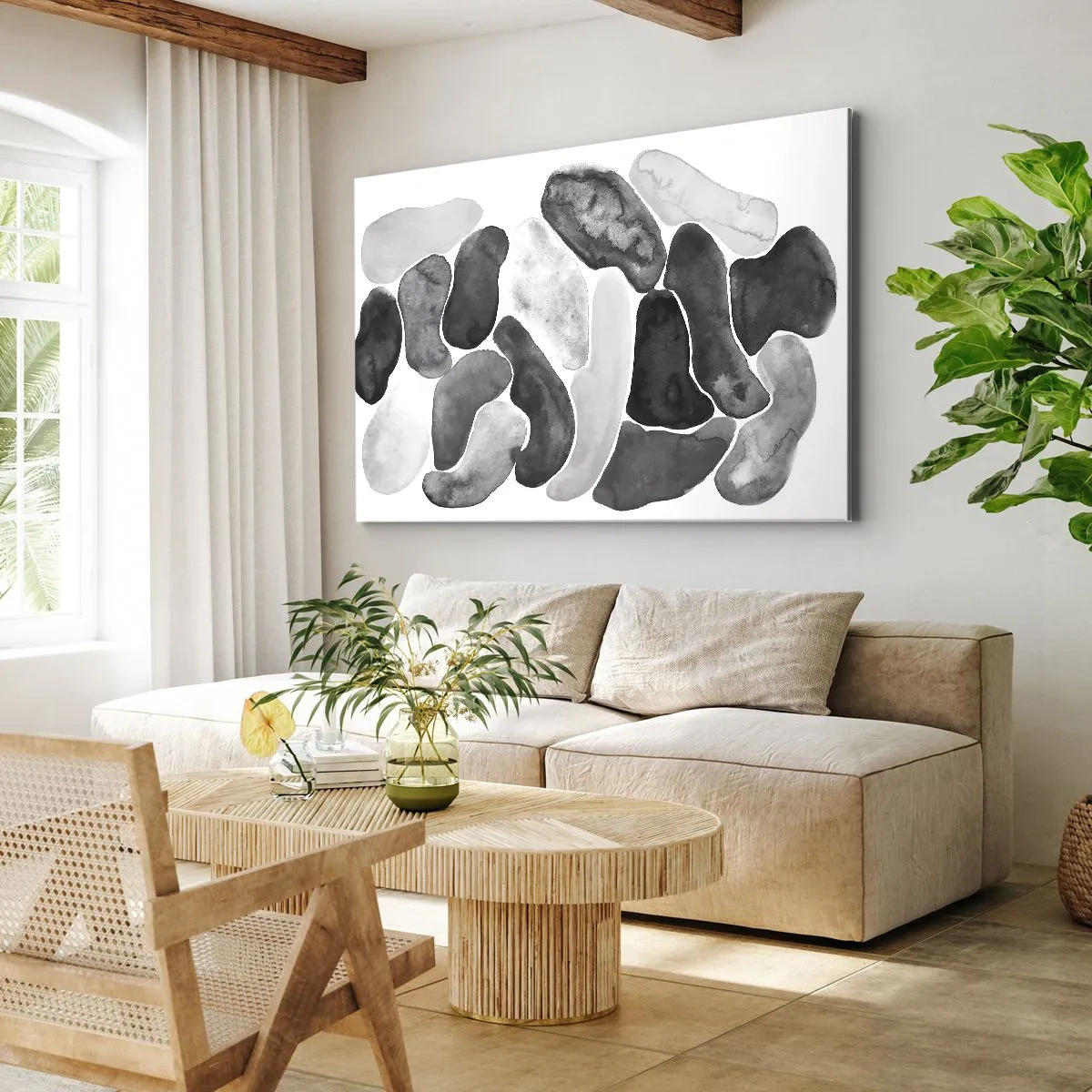 Obraz na płótnie - Czarno-biała abstrakcja z nieregularnymi plamami na białym tle - 70x50cm - Abstrakcja kamienista - Nowoczesna dekoracja ścienna do salonu i sypialni ARTTOR
