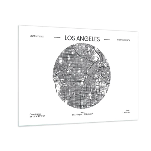 Obraz na szkle - Czarno-biała mapa Los Angeles w stylu minimalistycznym - 70x50cm - Anatomia Los Angeles - Nowoczesna dekoracja ścienna do salonu i sypialni ARTTOR